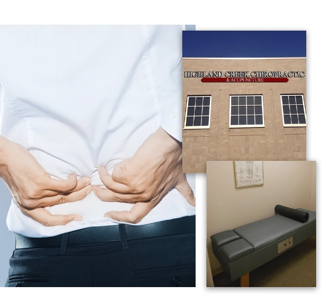 Collage featuring lower‑back pain, a chiropractic clinic exterior, and an exam room with a treatment table.
