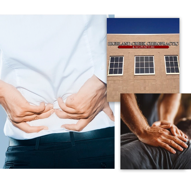 Collage featuring lower‑back pain, a chiropractic clinic exterior, and an exam room with a treatment table.